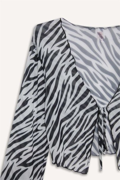 Zebra Desenli Tül Plaj Bolerosu