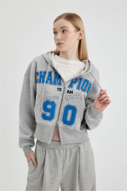 Oversize Fit Hooded Printed Thick Sweatshirt Fabric Cardigan