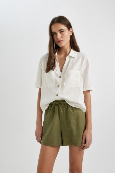 Short en Lin mélangé à Taille Haute Coupe Relax