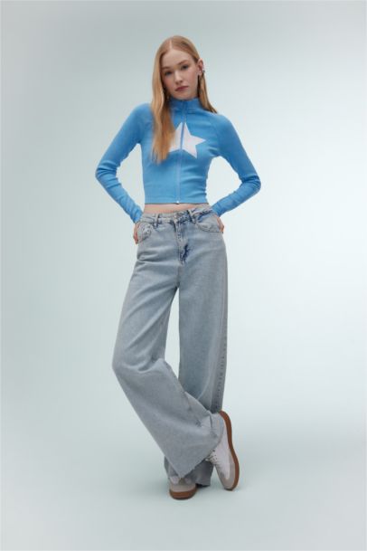 Fitted Zippered Printed Ribbed Camisole Cardigan