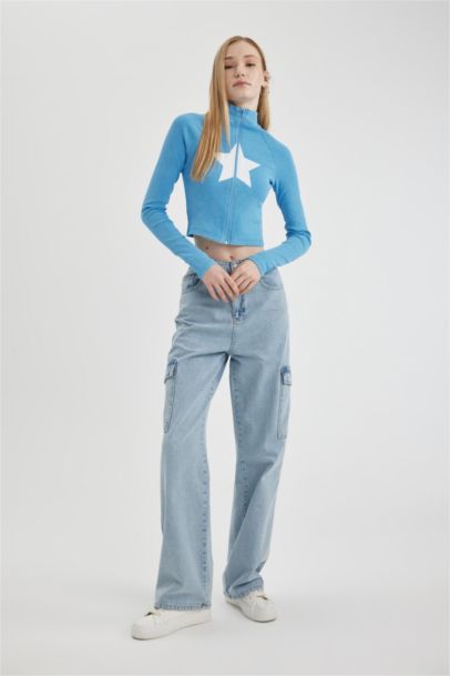 Fitted Zippered Printed Ribbed Camisole Cardigan