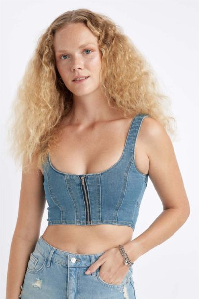 Kalın Askılı Fermuarlı Crop Korse Jean Bluz