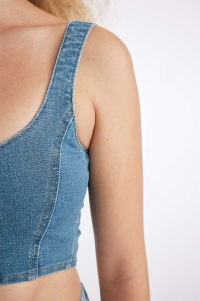 Kalın Askılı Fermuarlı Crop Korse Jean Bluz