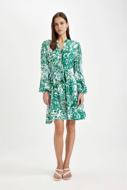 Loose Neck Patterned Moroccan Long Sleeve Midi Dress