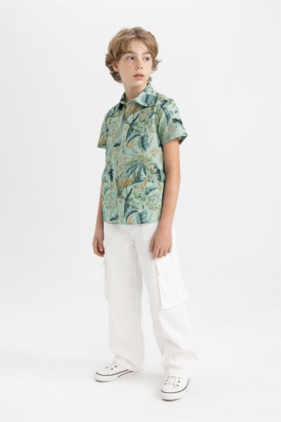 Boy Polo Neck Linen Look Patterned Short Sleeve Shirt
