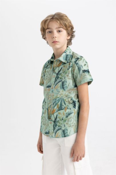 Boy Polo Neck Linen Look Patterned Short Sleeve Shirt