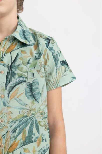 Boy Polo Neck Linen Look Patterned Short Sleeve Shirt