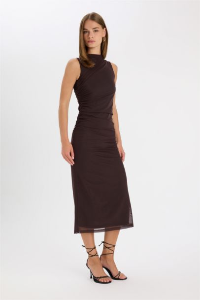 Half Turtleneck Tulle Sleeveless Maxi Dress