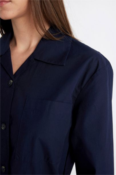 Robe Tissée à Manches Longues en Popeline à boutonse et ceinturée