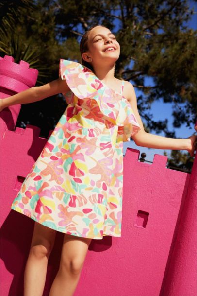 فستان بناتي بوبلين منقوش بكتف واحد