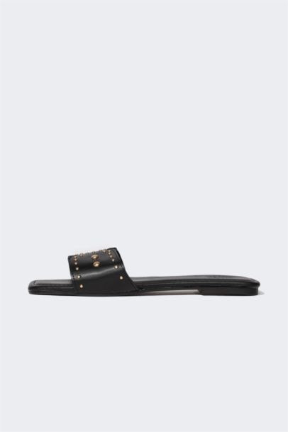 Woman Flat Sole Single Strap Faux Leather Slippers