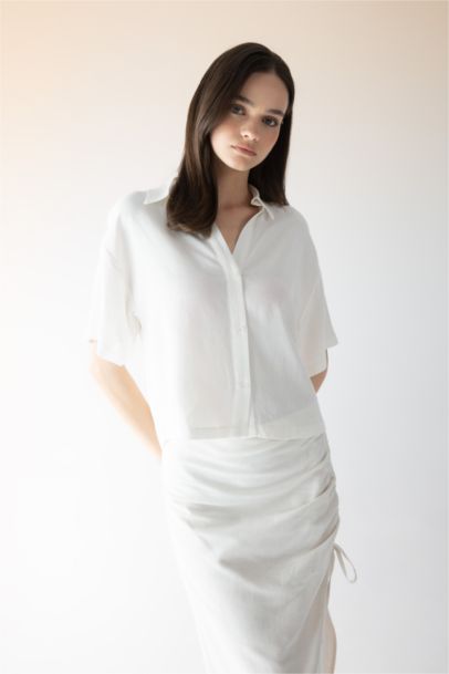 Oversize Geniş Kalıp Keten Karışımlı Kısa Kollu Gömlek