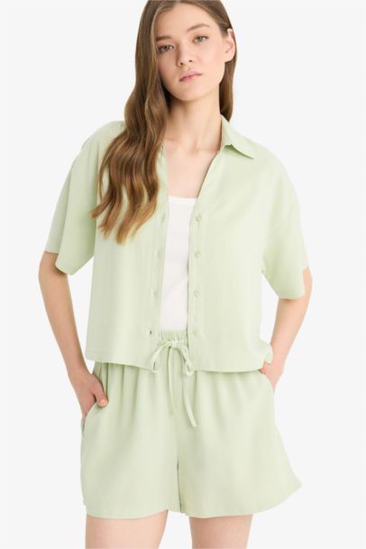 Oversize Fit Shirt Collar Linen Blended Short Sleeve Shirt