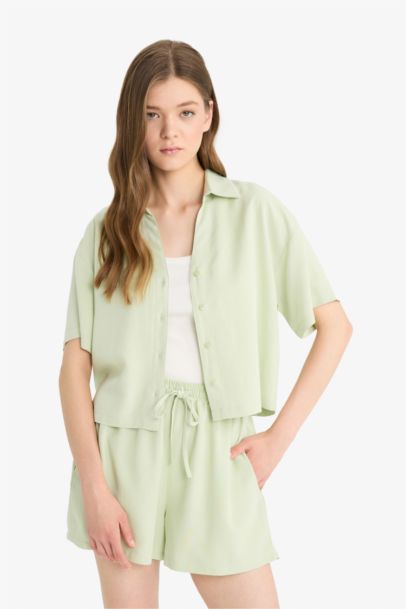 Oversize Fit Shirt Collar Linen Blended Short Sleeve Shirt