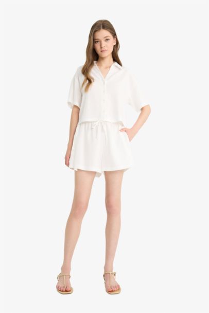 Oversize Fit Linen Blend Short Sleeve White Shirt