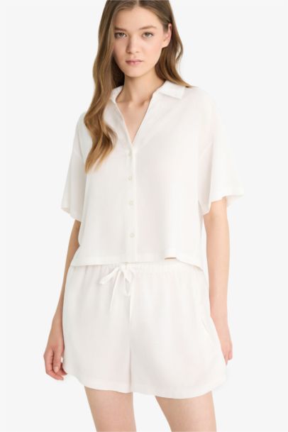 Oversize Fit Linen Blend Short Sleeve White Shirt