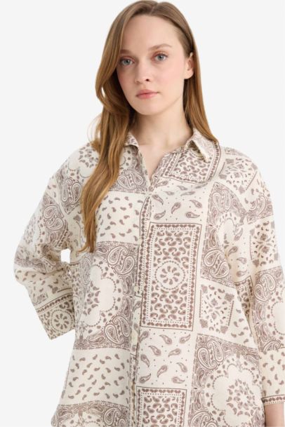 Regular Fıt Gömlek Yaka Baskılı Uzun Kollu Gömlek