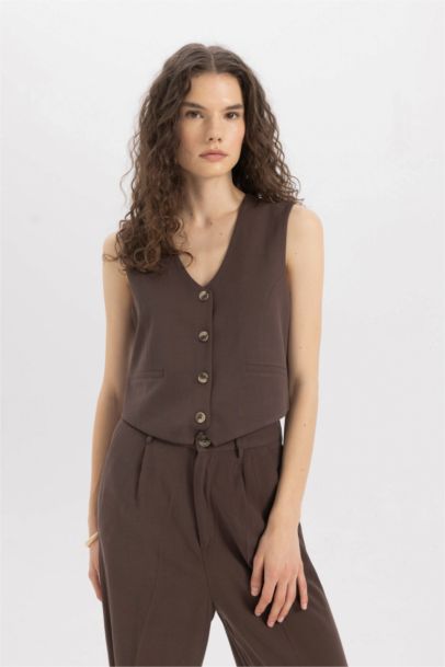 V-Neck Linen Blend Blazer Vest