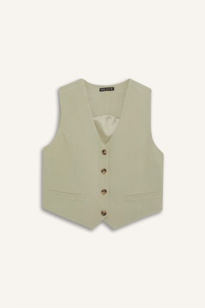 V Neck Linen Blend Blazer Vest