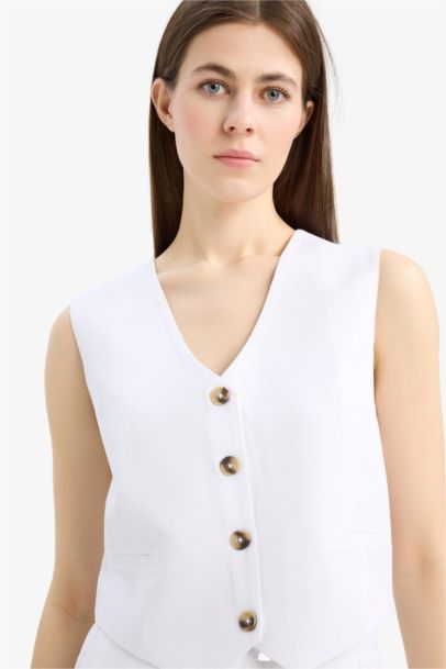 V Neck Linen Blend White Blazer Vest