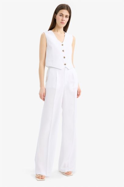 V Neck Linen Blend White Blazer Vest