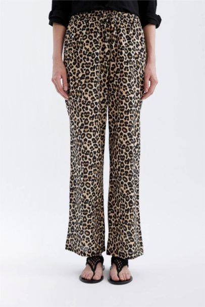 Pantalon Large en Toile de Lin à Taille Haute et Jambes Larges avec Poches