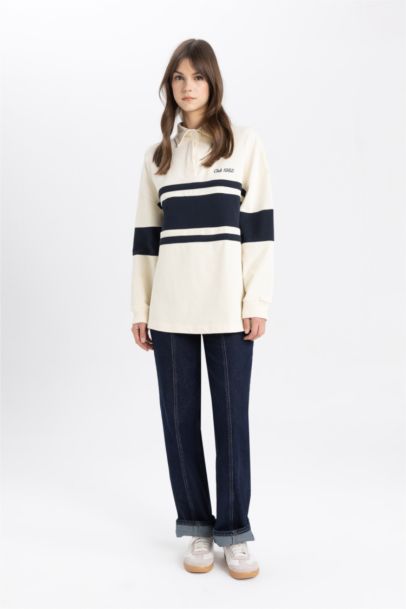 Regular Fit Polo Neck Printed Long Sleeve Sweatshirt Tunic