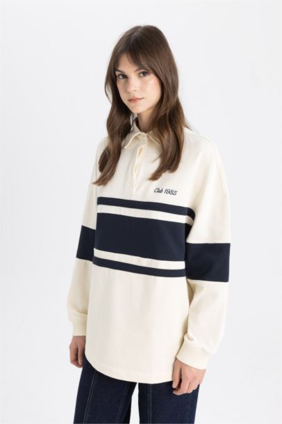 Regular Fit Polo Neck Printed Long Sleeve Sweatshirt Tunic