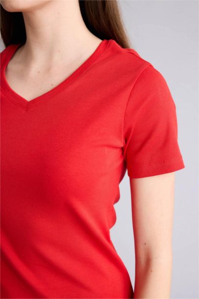 Slim Fit V-Neck Basic Ribbed Short Sleeve T-Shirt