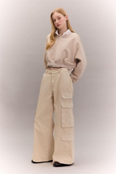 Wide Leg Cargo Gabardine Trousers
