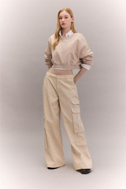 Wide Leg Cargo Gabardine Trousers
