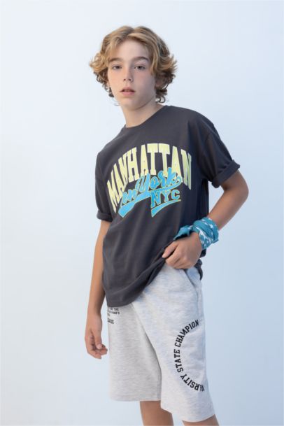 Oversize Geniş Kalıp Bisiklet Yaka Baskılı Kısa Kollu Tişört Erkek Çocuk