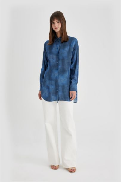 Tunique Chemise Coupe Relax à Manches Longues à Motifs