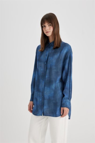 Tunique Chemise Coupe Relax à Manches Longues à Motifs