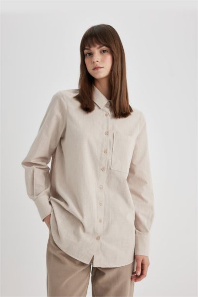 Regular Fit Flamed Cotton Long Sleeve Shirt Tunic