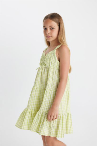Girl Checkered Wrapped Strap Dress