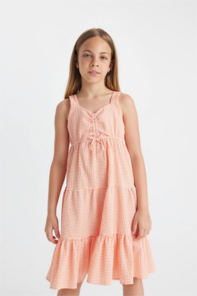 Girl Checkered Wrapped Strap Dress