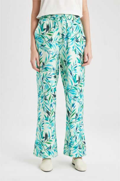 Wide Leg Patterned Pocket Linen Look Trousers