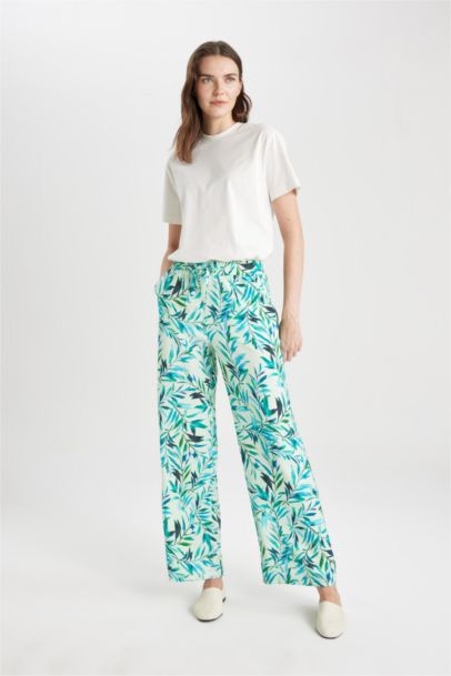 Wide Leg Patterned Pocket Linen Look Trousers