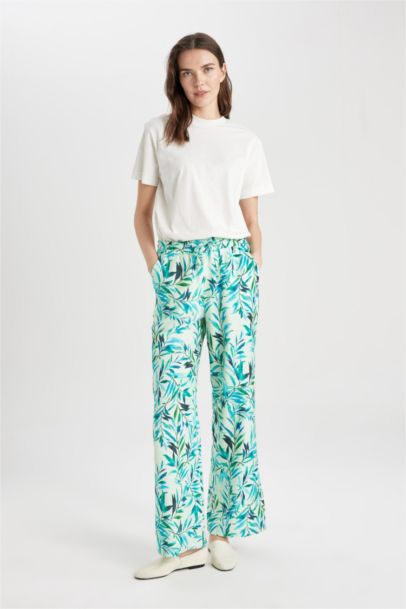 Wide Leg Patterned Pocket Linen Look Trousers