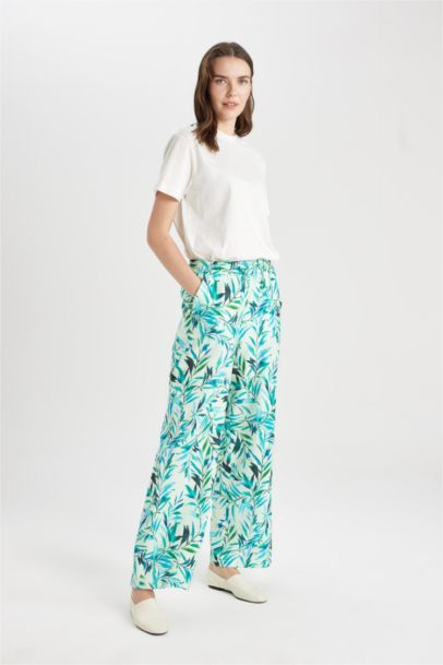 Wide Leg Patterned Pocket Linen Look Trousers