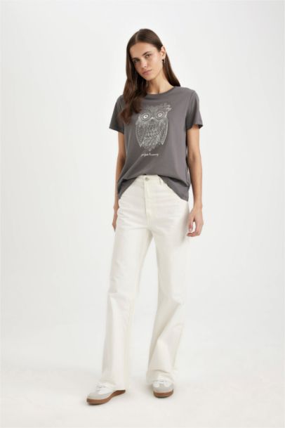 Regular Fit Crew Neck Owl Patterned Cotton Short Sleeve T-Shirt