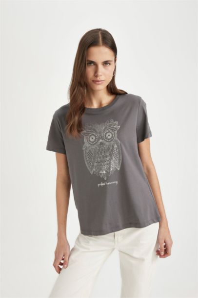 Regular Fit Crew Neck Owl Patterned Cotton Short Sleeve T-Shirt