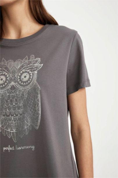 Regular Fit Crew Neck Owl Patterned Cotton Short Sleeve T-Shirt