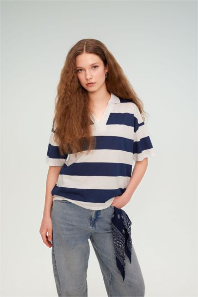 Relax Fit Polo Collar Striped Short Sleeve Polo T-Shirt