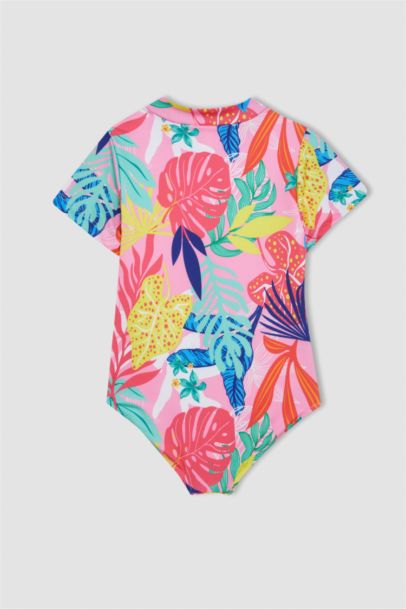 Girl Patterned Short Sleeve Swimsuit