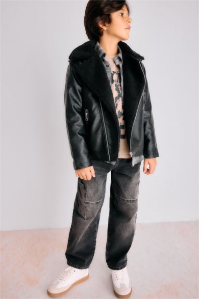 Boy Zipper Water Repellent Plush Lined Faux Leather Jacket