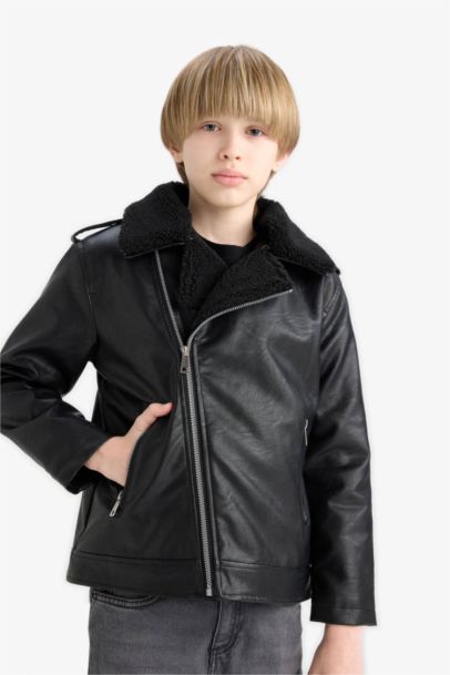 Boy Zipper Water Repellent Plush Lined Faux Leather Jacket