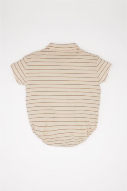 Polo Yaka Çizgili Waffle Kısa Kollu Çıtçıtlı Body Erkek Bebek Yenidoğan