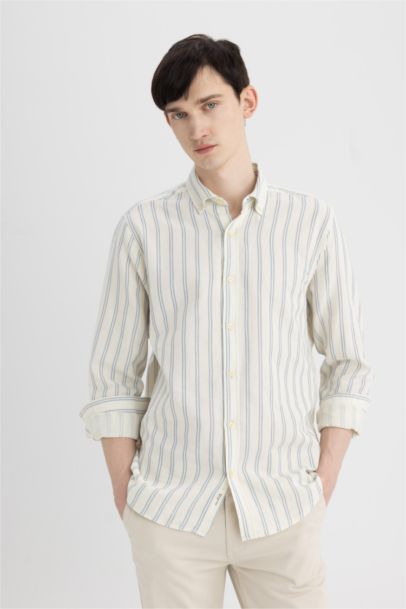 Chemise Coton Rayée coupe régulière à Manches Longues